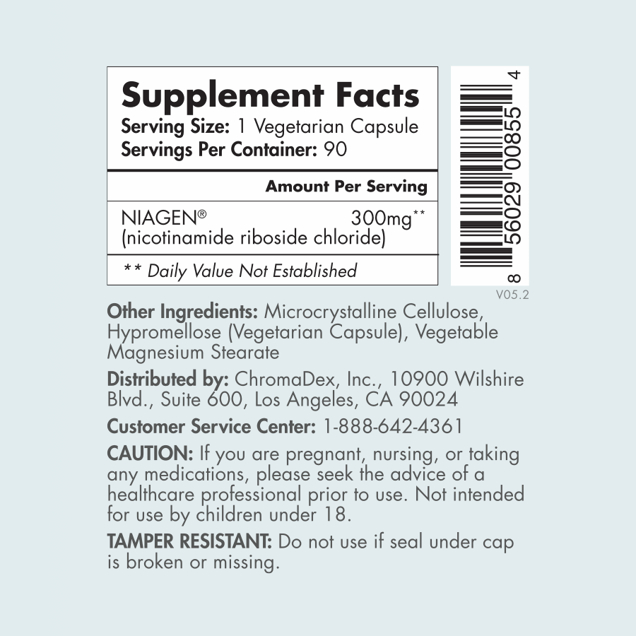 Tru Niagen 300mg 90 count - Supplement facts label