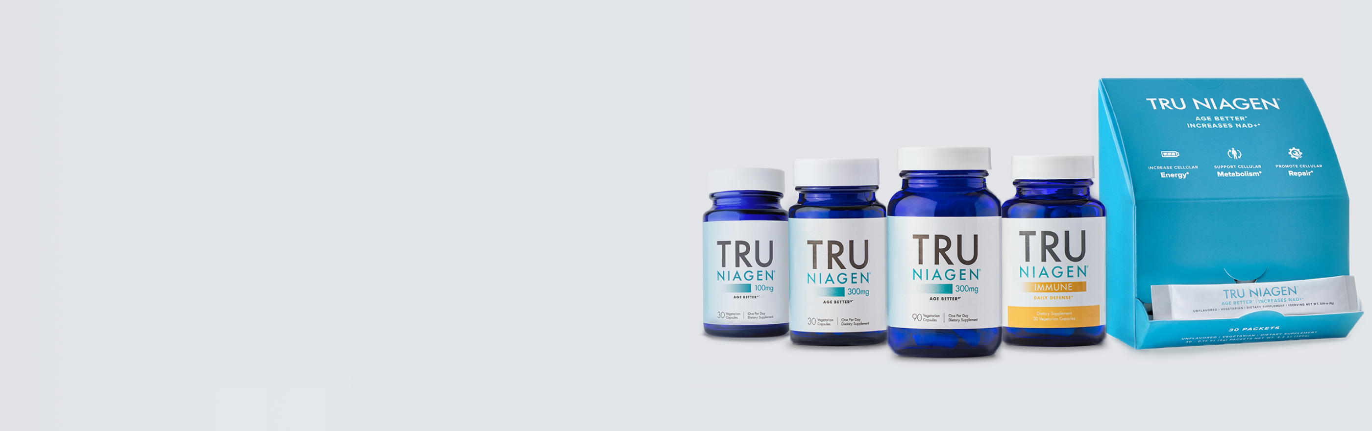 Tru Niagen 300 mg in two bottle sizes and in stick pack form