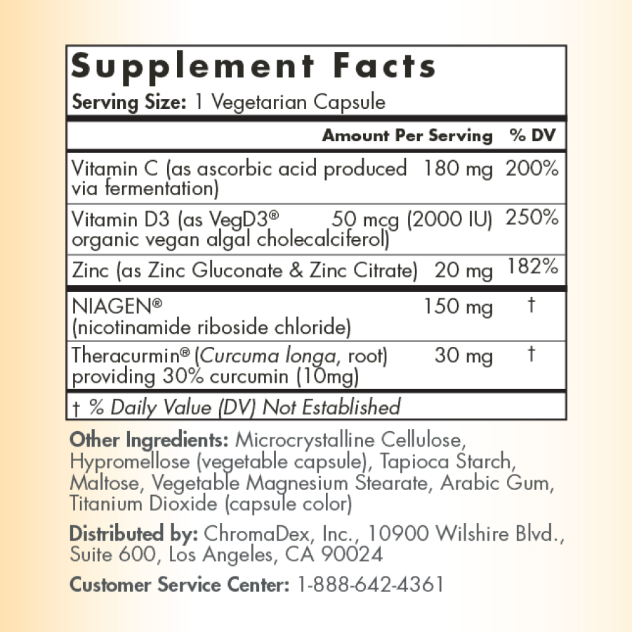 Supplement Facts. Serving Size: 1 Vegetarian Capsule. Amount Per Serving / %DV: Vitamin C (as ascorbic acid produced via fermentation) 180mg / 200%, Vitamin D3 (as VegD3 organic vegan algal chloecalciferol) 50mcg / 250%, Zinc (as Zinc Citrate & Zinc Gluconate) 20 mg / 182%, NIAGEN (nicotinamide riboside chloride) 150mg Daily Value (DV) Not Established, Theracurmin (Curcuma long, root) providing 30% curcumin (10mg) 30mg Daily Value (DV) Not Established. Other Ingredients: Microcystalline Cellulose, Hypromellose (Vegetarian Capsule), Tapioca Starch, Maltose, Vegetable Magnesium Stearate, Arabic Gum, Titanium Dioxide. Distributed By: Chromadex, Inc. 10900 Wilshire Blvd., Suite 600, Los Angeles, CA 90024. Customer Service Center: 1-888-642-4361.