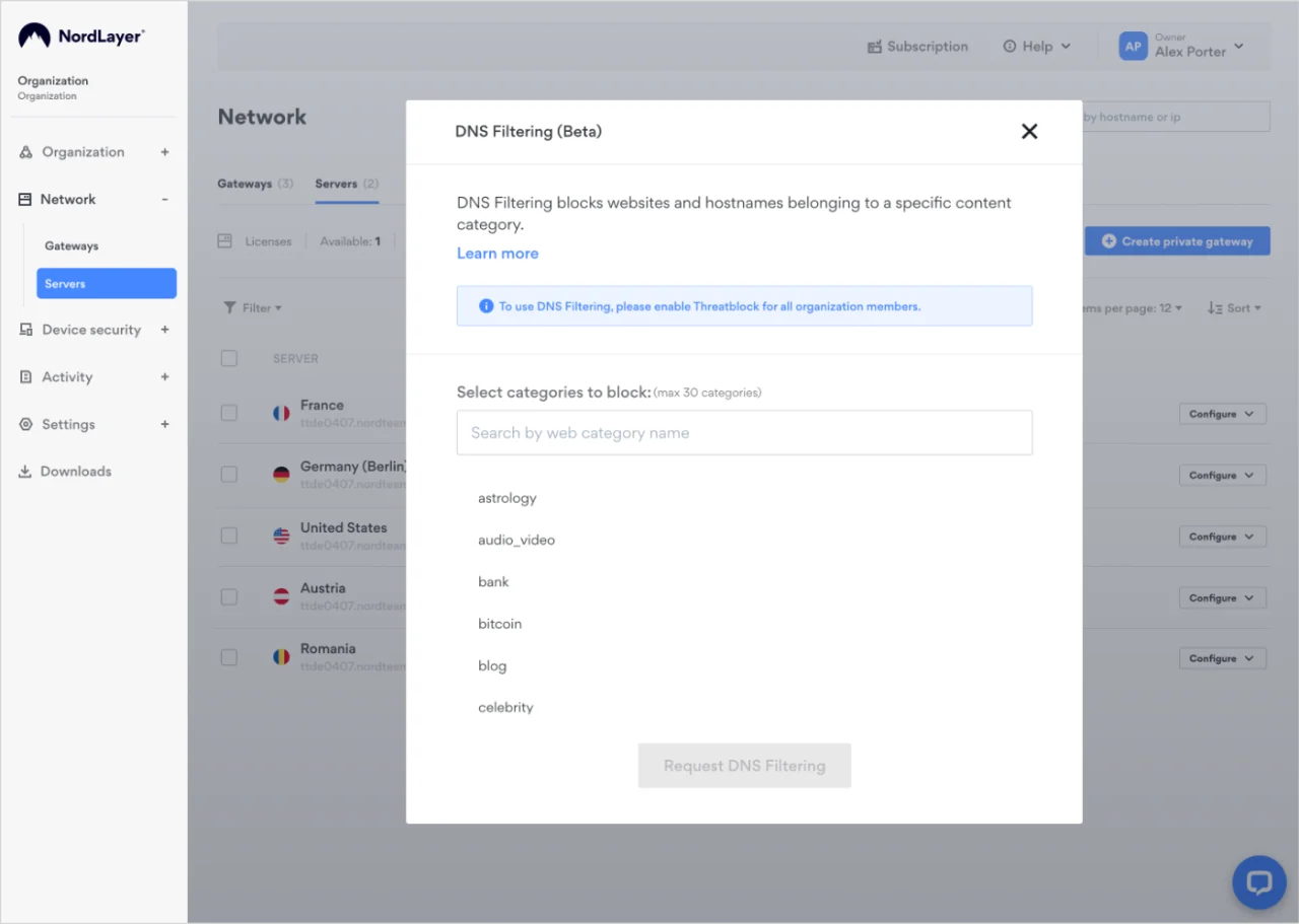 NordLayer Control Panel_DNS filtering by categories