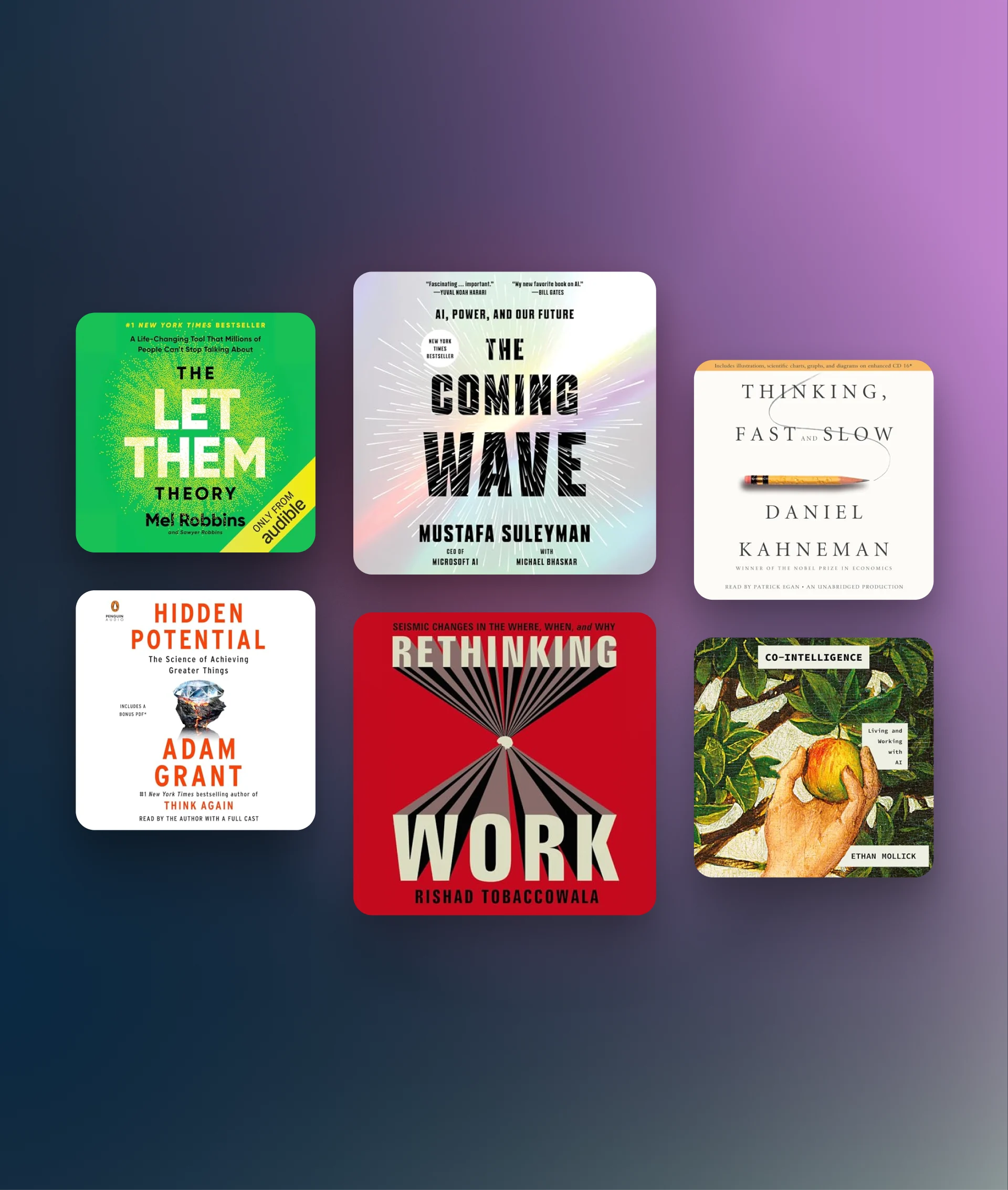 6 Audible book covers on a purple gradient background