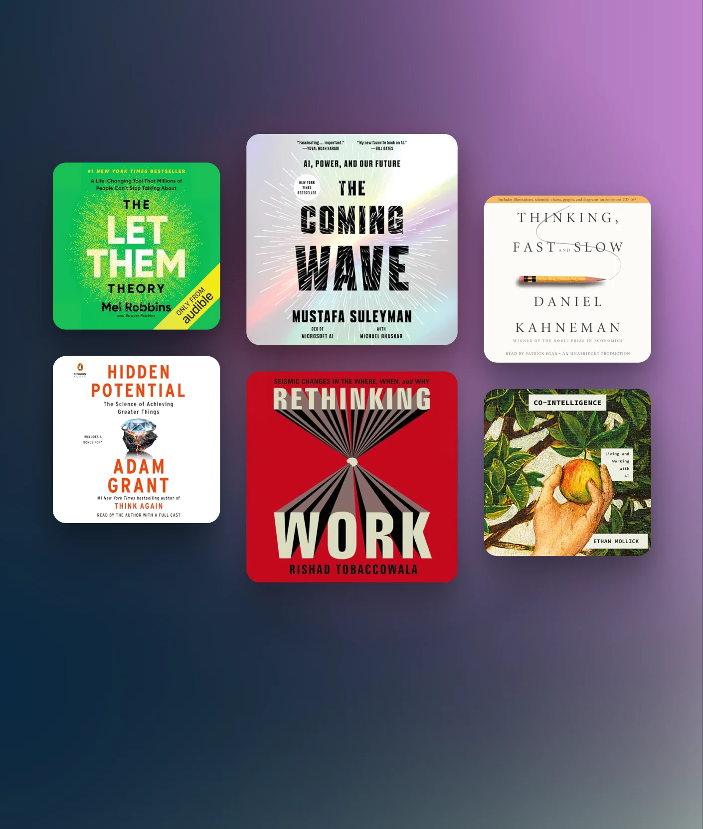 6 Audible book covers on a purple gradient background