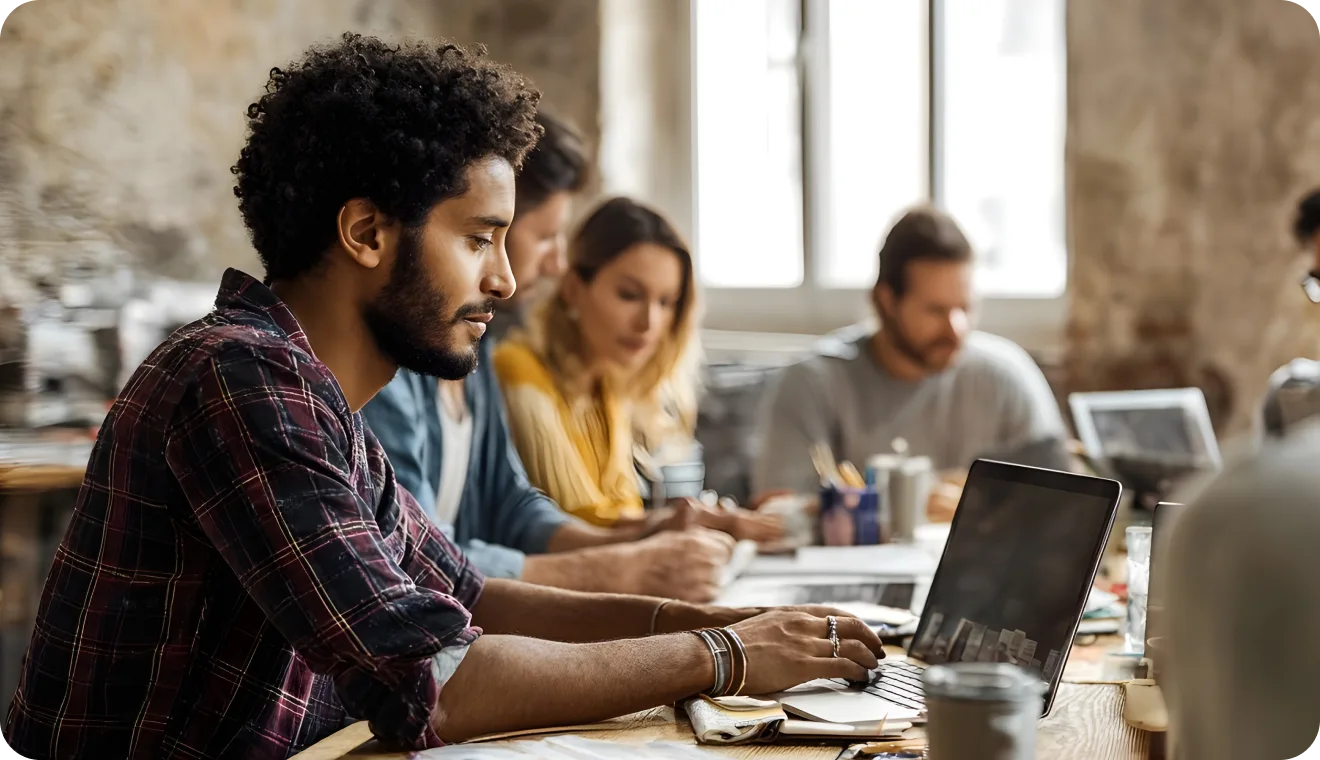 Man in a cafe surrounded by people, working on his laptop