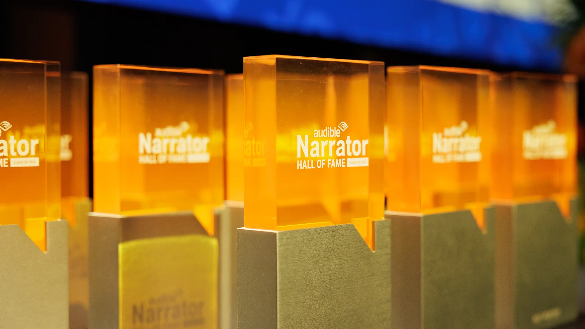 Table full of Audible narrator awards