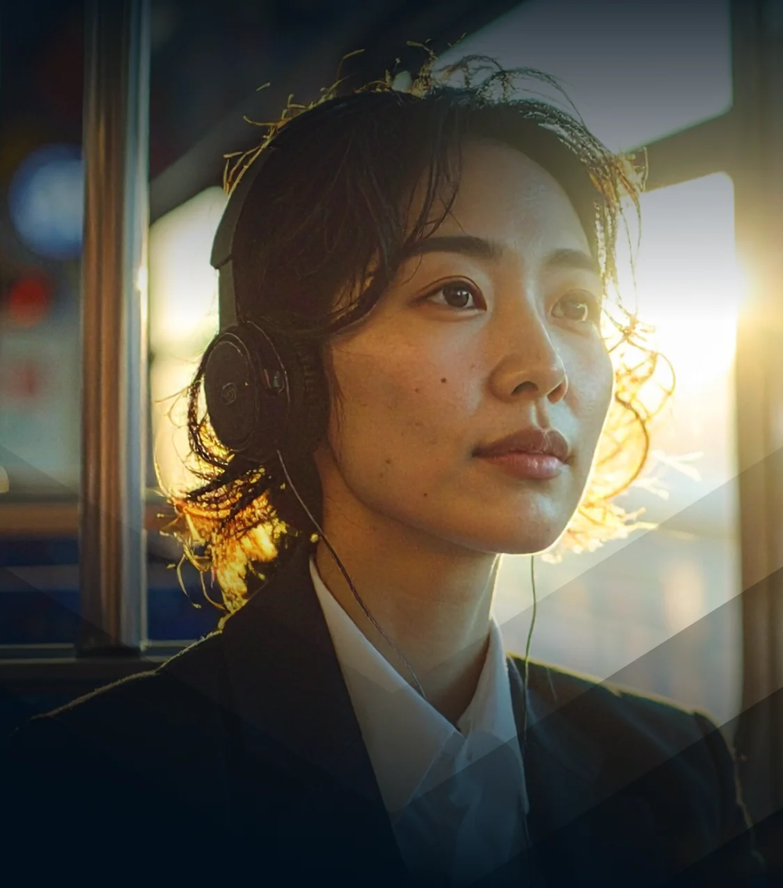 A woman riding a bus wearing headphones