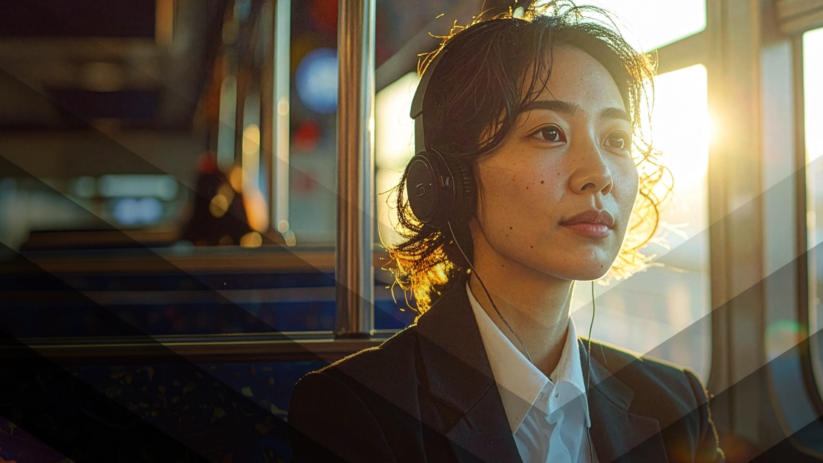 women on a bus listening with headphones in