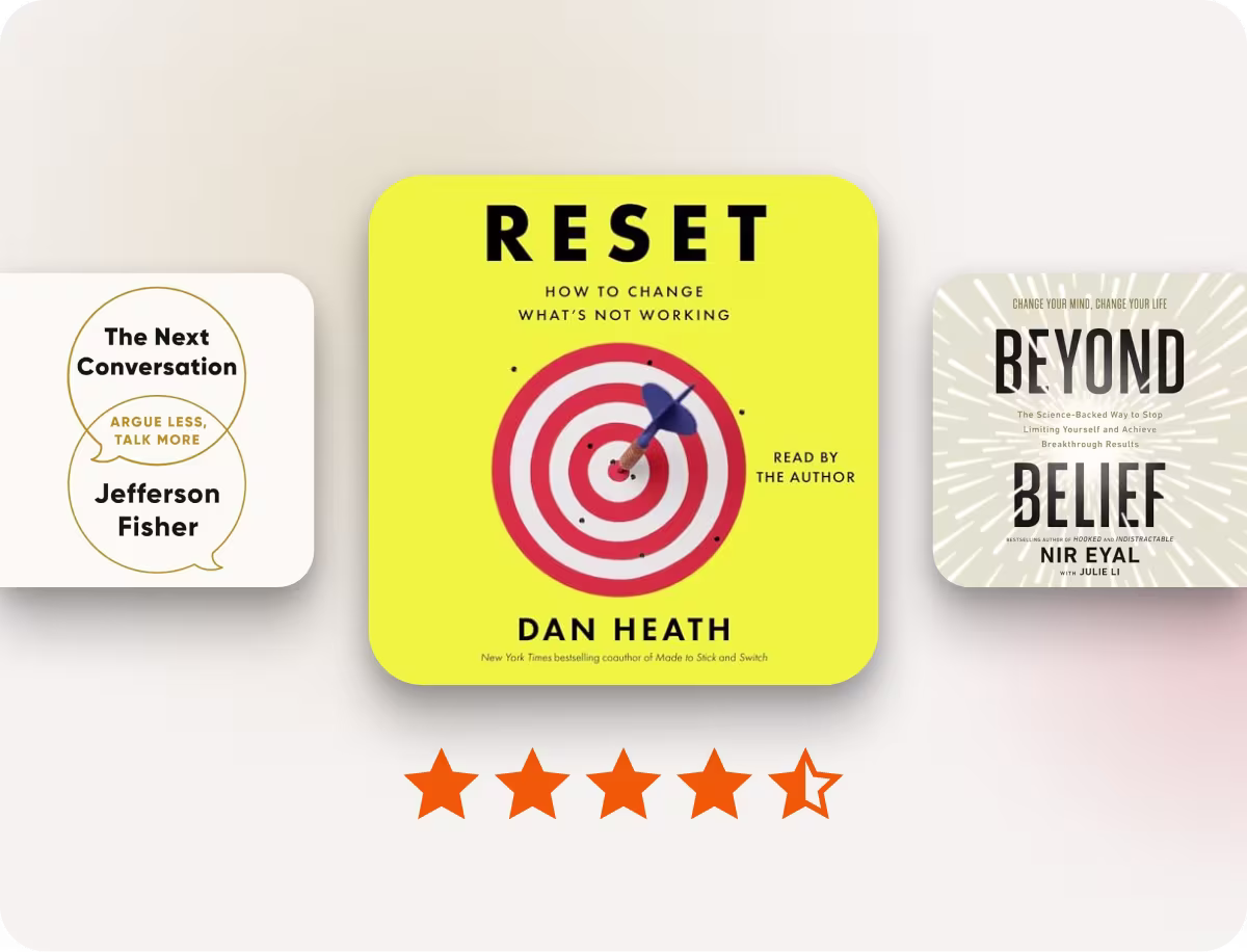 Reset by Dan Heath audiobook cover with additional audiobook covers on the side. 
