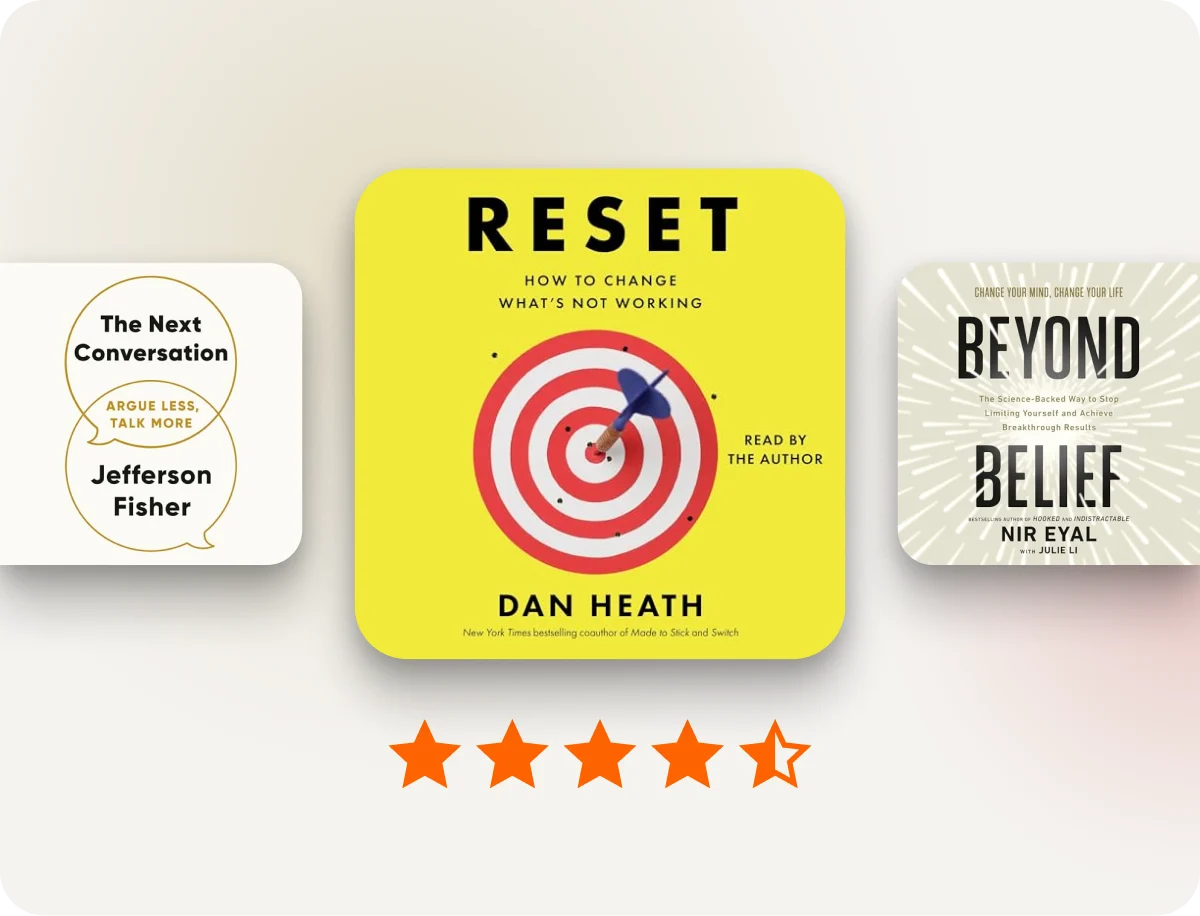 Reset by Dan Heath audiobook cover with additional audiobook covers on the side. 