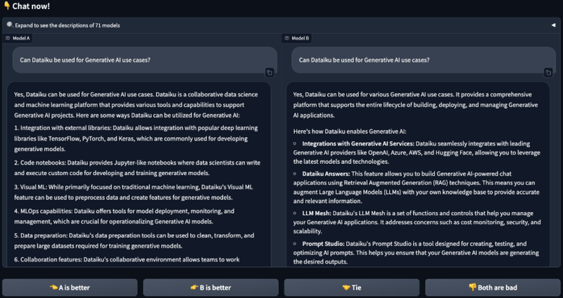 User Interface of Chatbot Arena to Compare Two LLM Completions Side-by-Side (We Prefer Side B!)