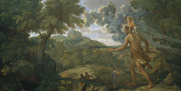 Standing on the Shoulders of a Giant – Blind Orion Searching for the Rising Sun, Nicolas Poussin (1658) (banner)