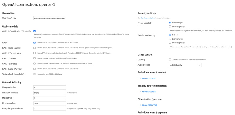 An example connection in the administration settings