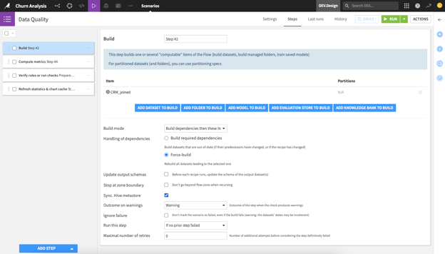 Automatically rebuild datasets, retrain models, get alerts for data quality checks, and more with Scenarios.