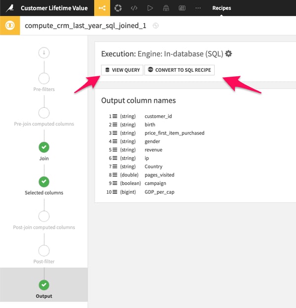 visual join recipe and convert to SQL