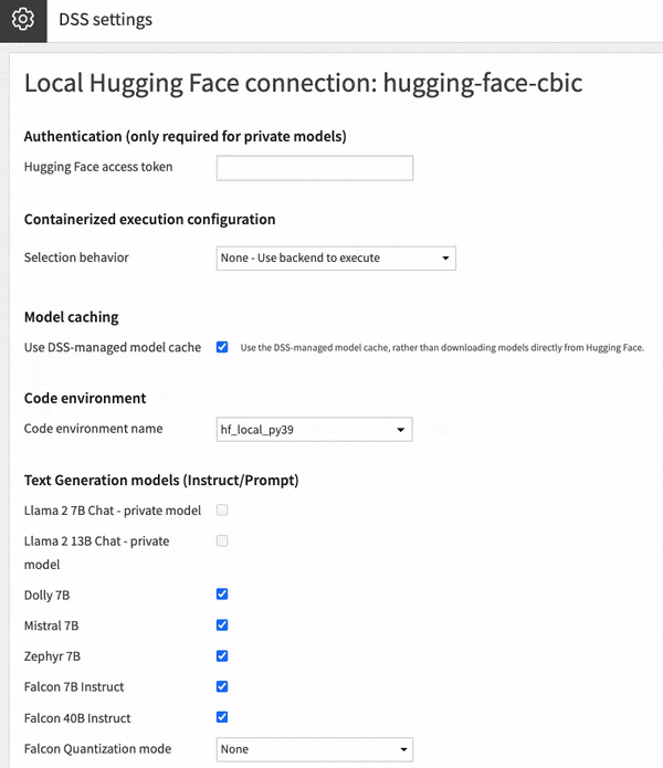 Models available out of the box in a local Hugging Face connection with Dataiku