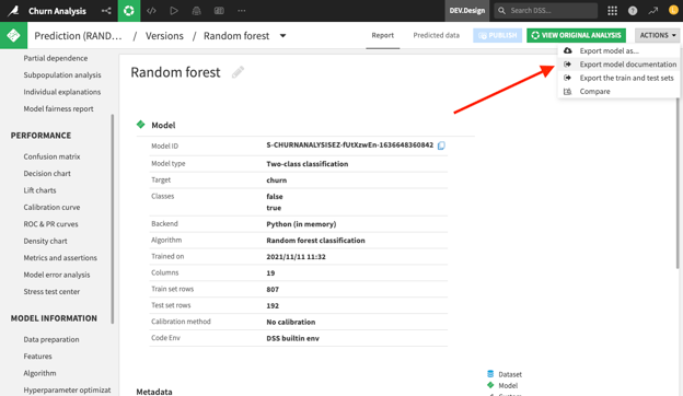 Easily export model documentation, models, train and test sets, or compare models with a click.