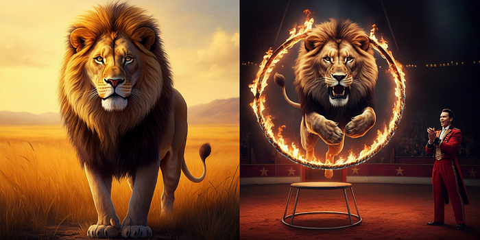 Taming LLM Outputs – lions jumping through a ring of fire (banner)