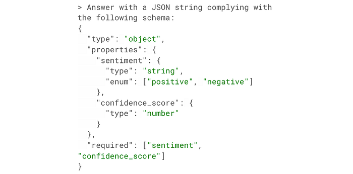 Example of a simple prompt specifying a JSON schema for the response