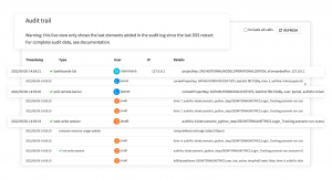 Audit trail screen in Dataiku