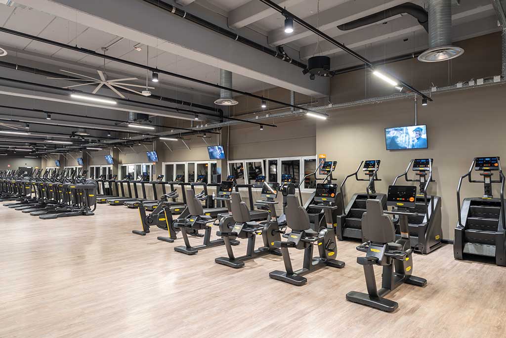 Offener Bereich für Ausdauertraining im FitX Fitnessstudio Nürnberg-Zabo mit verschiedenen Cardio-Geräten. An den Wänden hängen Fernseher.
