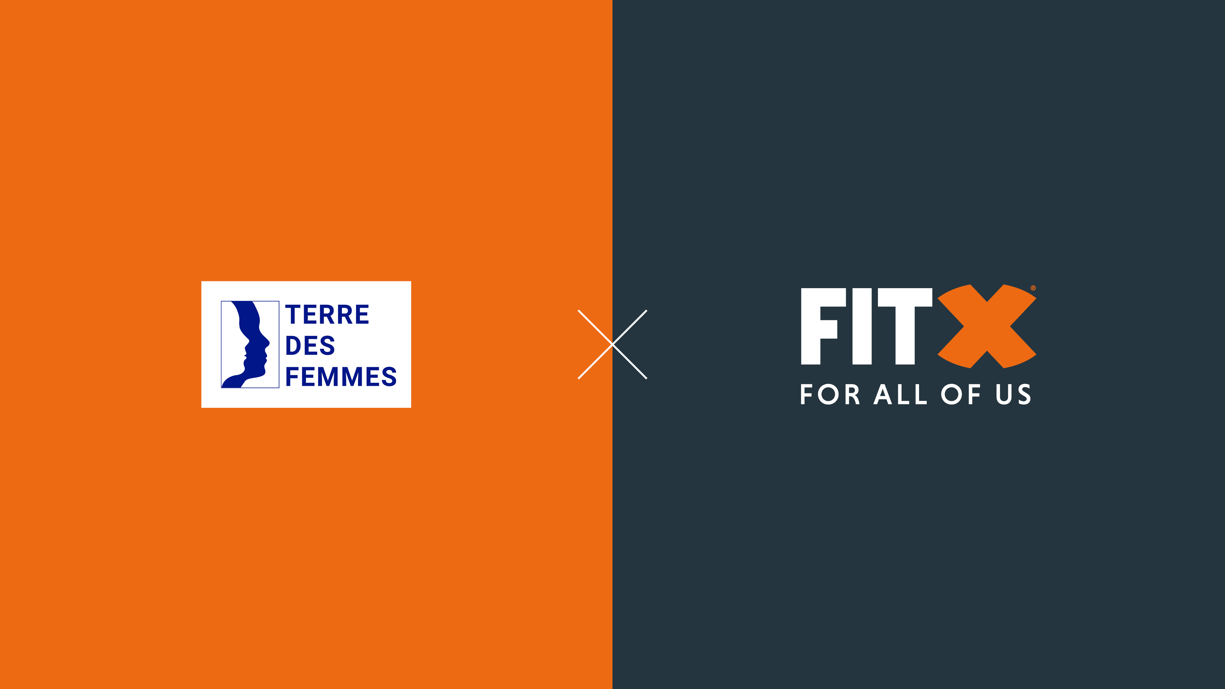 Bild: Die linke Hälfte des Bildes ist orange und zeigt das Logo von Terre des femmes. Die rechte Bildseite ist dunkelgrau und zeigt das FitX Logo. In der Mitte des Bildes ist ein X.