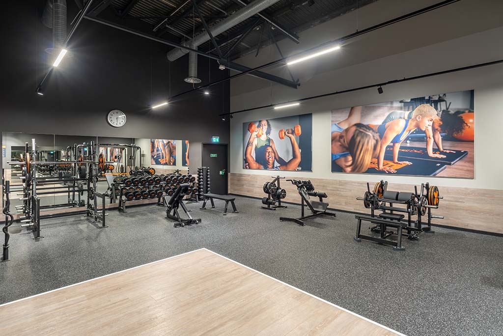 Abgetrennter Freihantelbereich für Frauen im FitX Fitnessstudio Berlin-Ku'damm, ausgestattet mit Kurzhanteln, Kraftgeräten und großen Spiegelfronten.