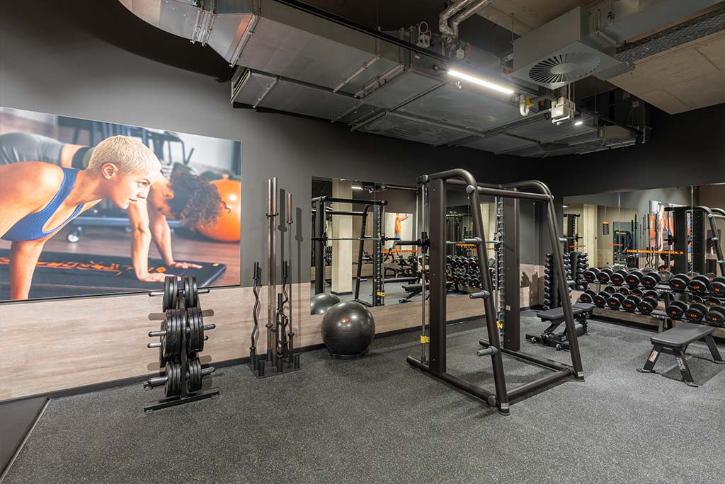 Abgetrennter Freihantelbereich für Frauen im FitX Fitnessstudio Mülheim-Stadtmitte, ausgestattet mit Kurzhanteln, Kraftgeräten und großen Spiegelfronten.