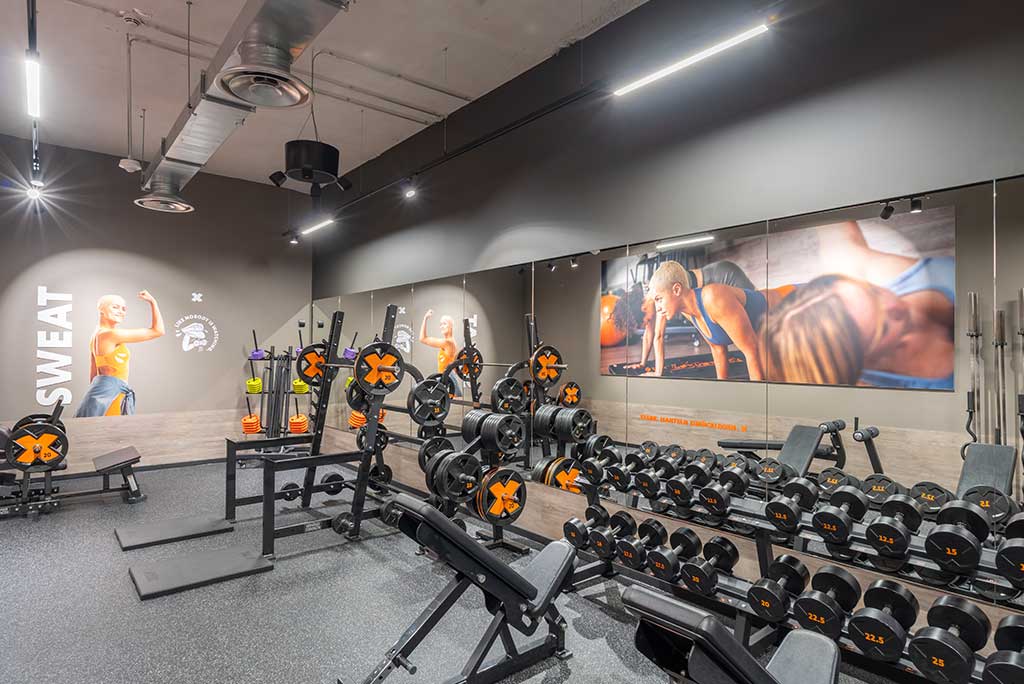 Abgetrennter Freihantelbereich für Frauen im FitX Fitnessstudio Berlin-Moabit, ausgestattet mit Kurzhanteln, Kraftgeräten und großen Spiegelfronten.