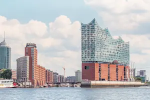 Panoramaaufnahme von Hamburg bei Tag mit Blick auf die HafenCity, mit der Elbphilharmonie und der Speicherstadt. Im Vordergrund das Wasser der Elbe.