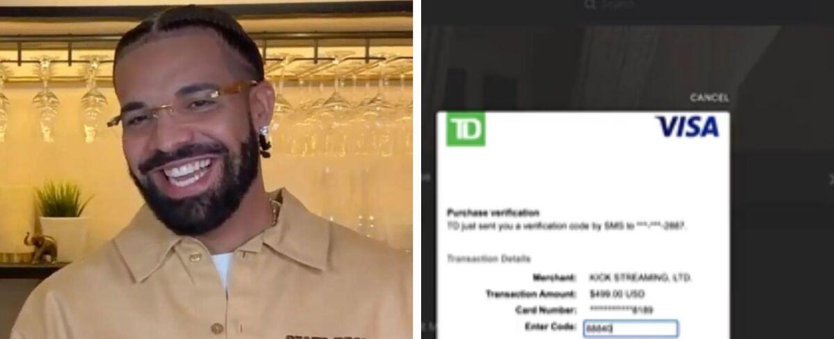 Drake's credit card declines during live stream while rocking yellow 'tips'