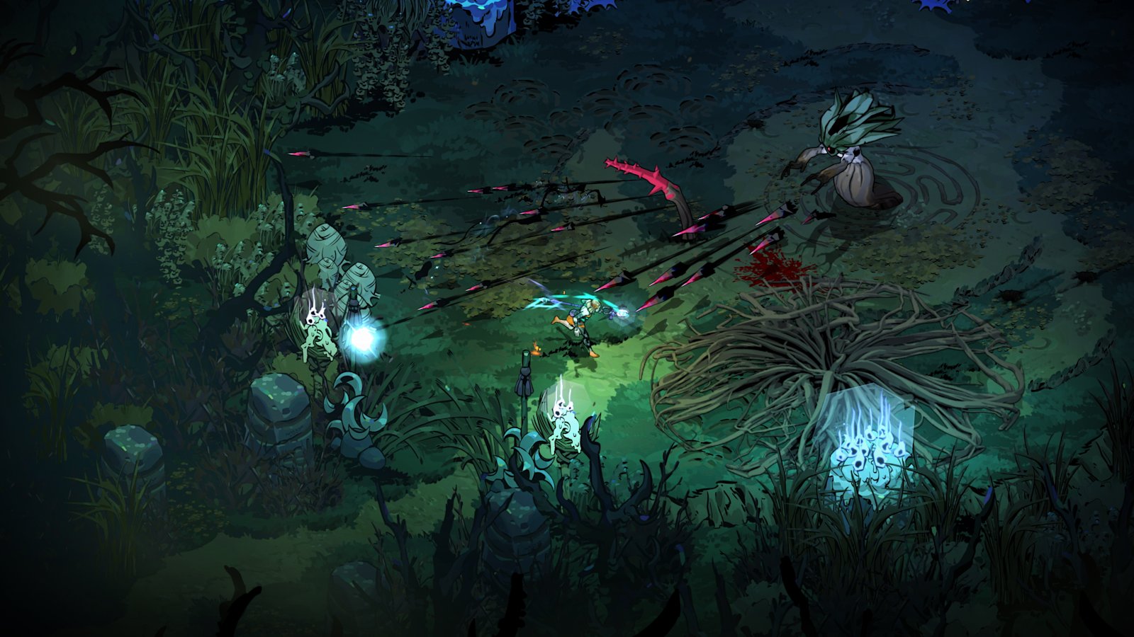 Melinoë moves through an Underworld area with ranged enemies in Hades II.