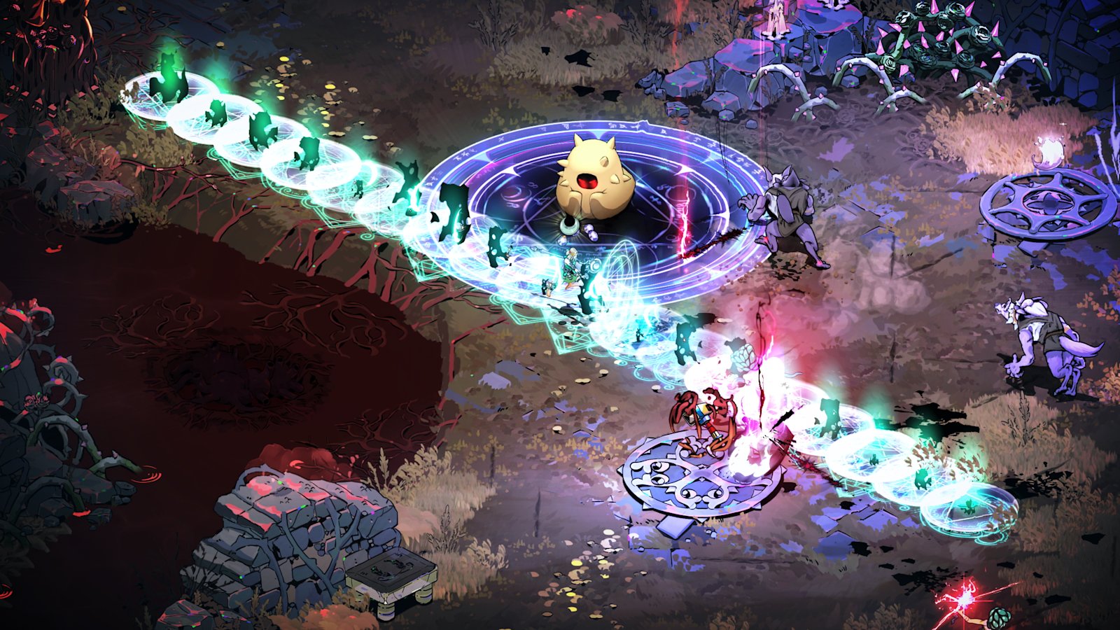 Hades II progression scene at the Crossroads, where Melinoë prepares choices between runs.