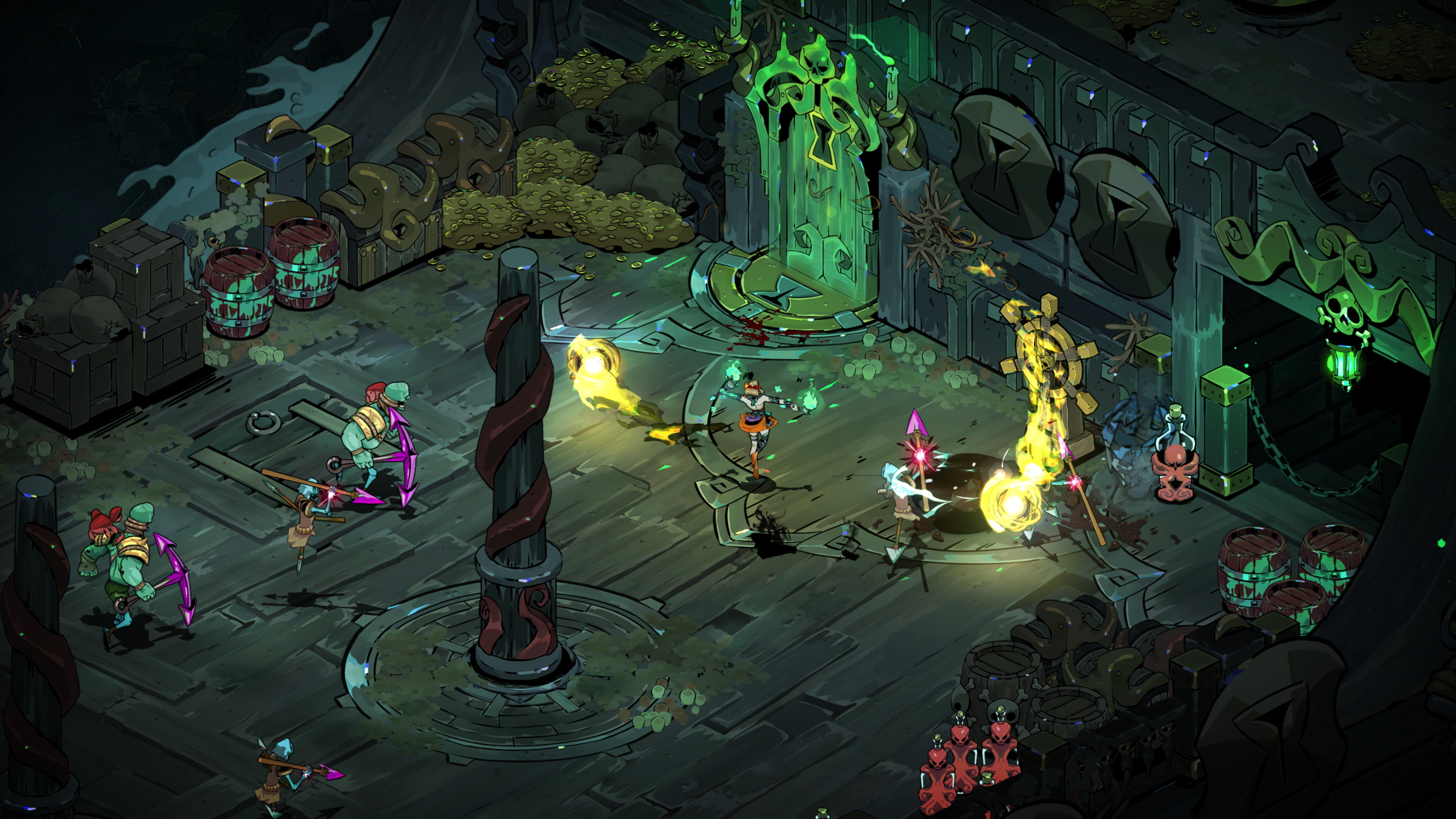 Melinoë surrounded by enemies in a Hades 2 arena, showing why defensive Keepsakes help early