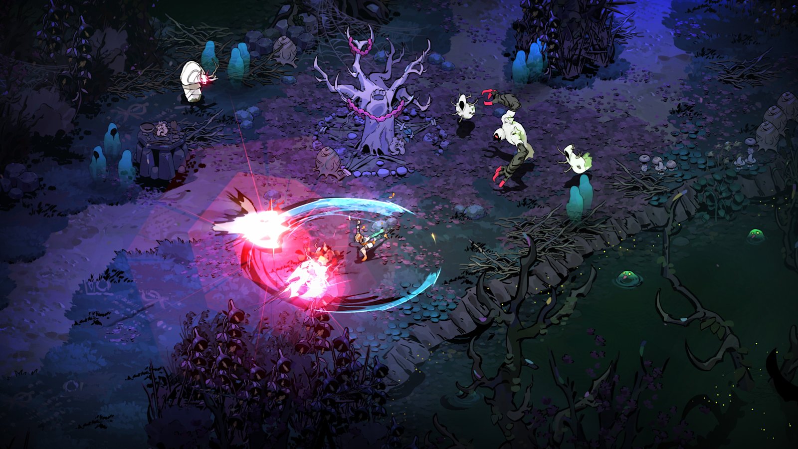 Melinoë fights in an Underworld chamber with a Night Weapon and places Cast before engaging enemies.