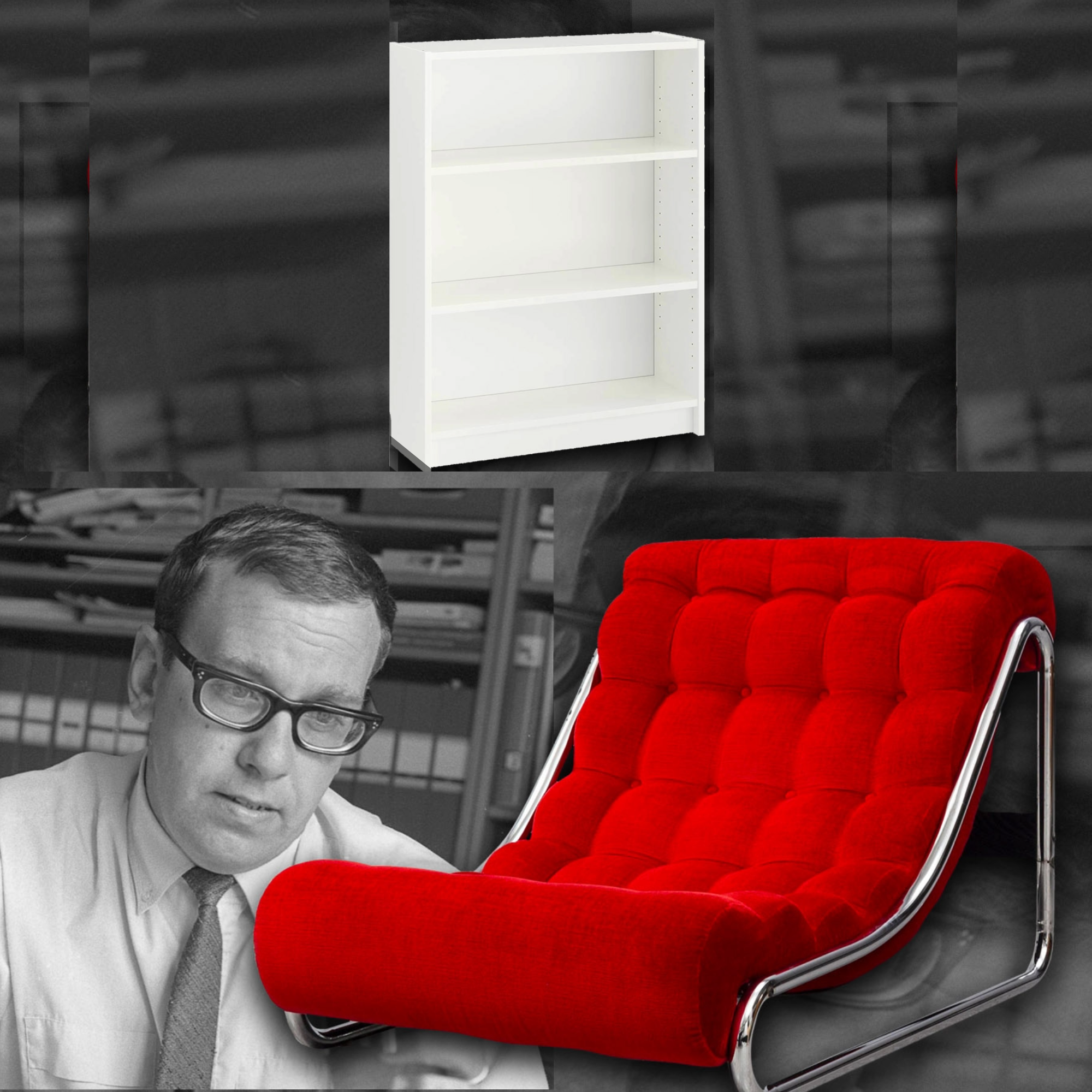 Designer Gillis Lundgren, his plain white Billy bookshelf, and his tufted red Impala Lounge Chair in a collage