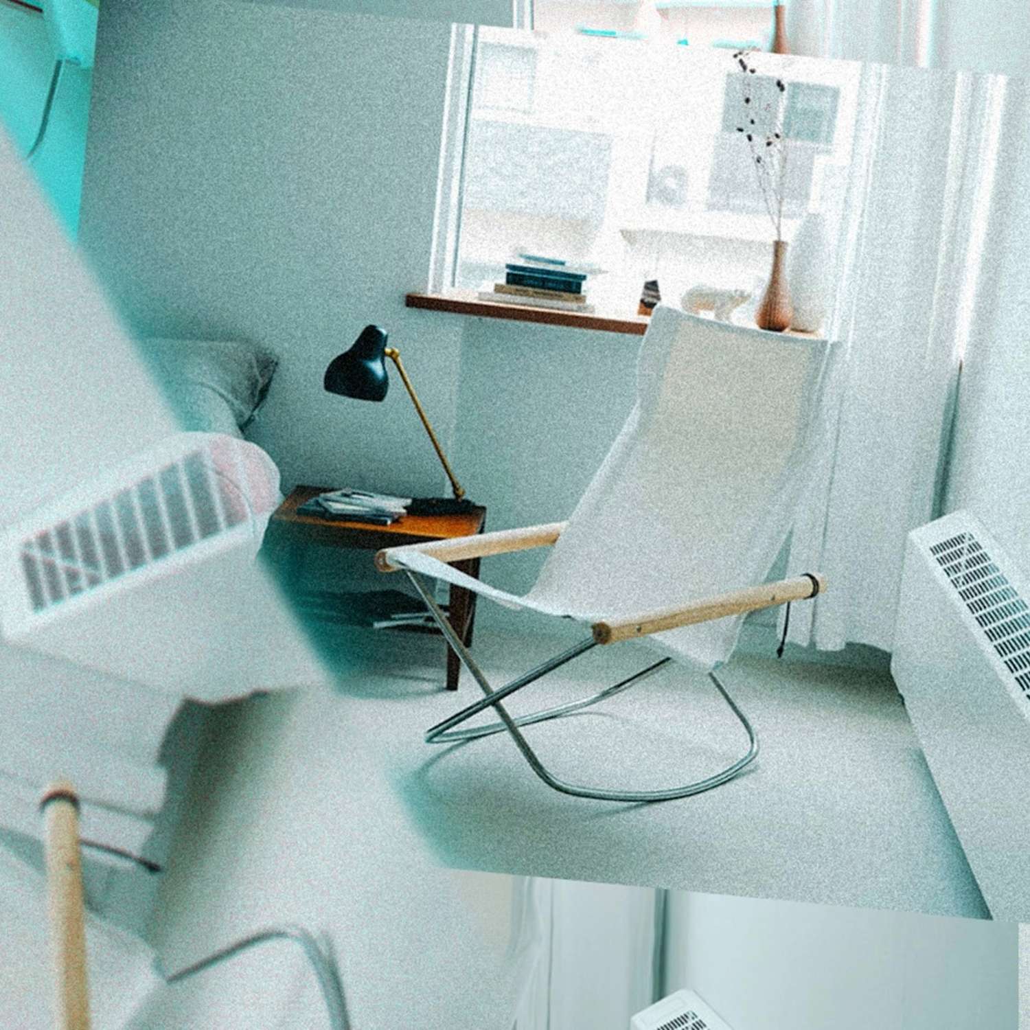 NYchairX chair, indoors by an AC unit and bedside table with a lamp.