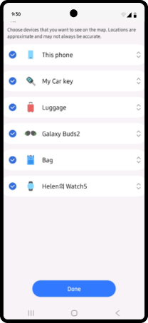 Select the <span>devices you would like to add in SmartThings Find</span> (you can edit this later) and tap Done