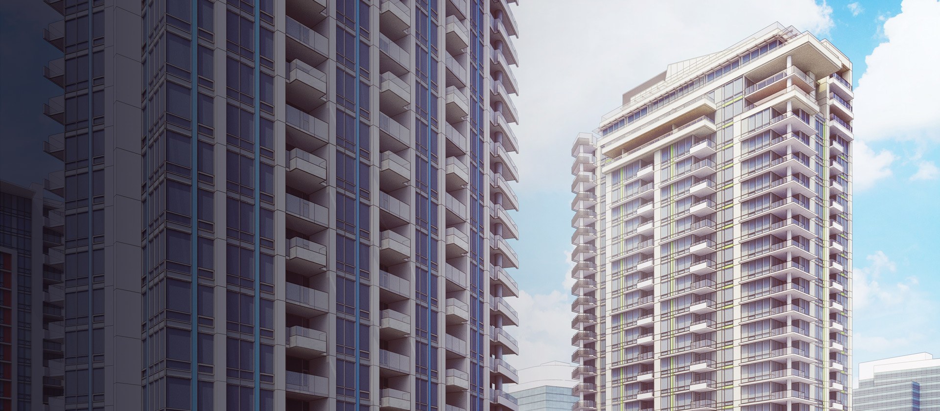 两座带阳台的高层公寓建筑的 3D 模型。