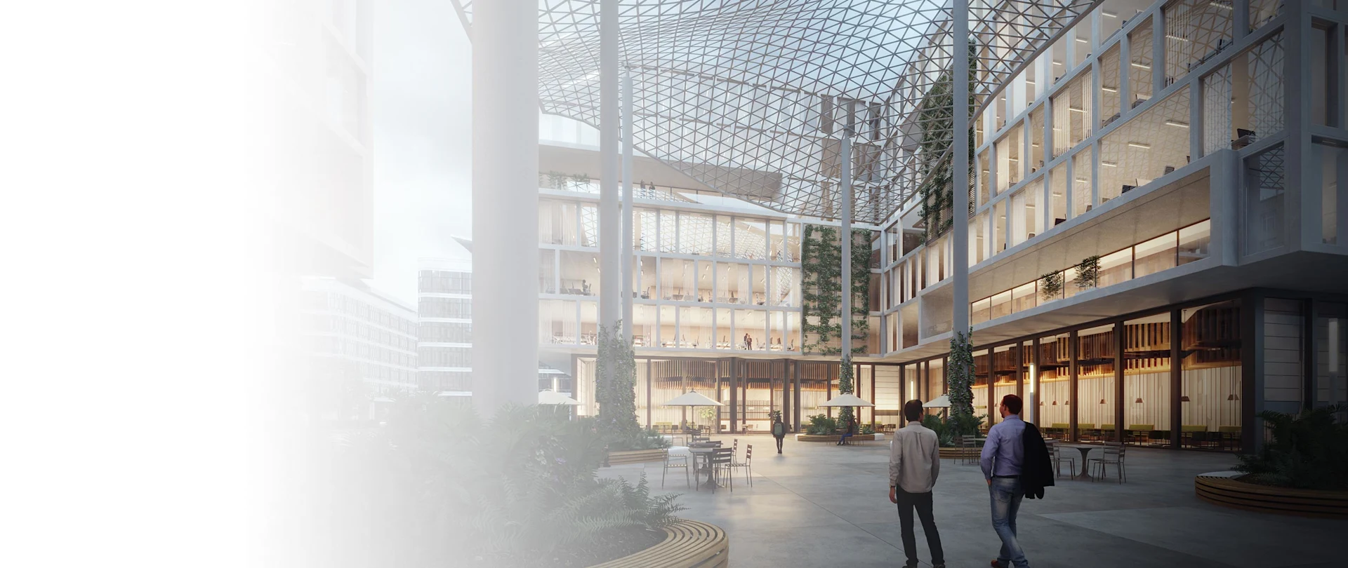 This is an architectural rendering of a modern office courtyard with a distinctive glass mesh roof and people, created to showcase **Trimble SketchUp 2024** software.