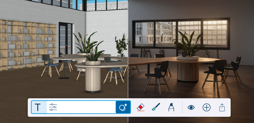 Image of a 3D model of an office space next to a render of it.