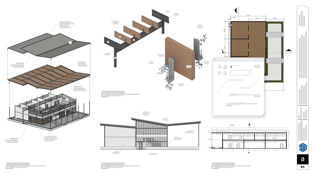 Vista de documentación de un proyecto, incluido el plano de planta, detalles y elevaciones, en LayOut de SketchUp.