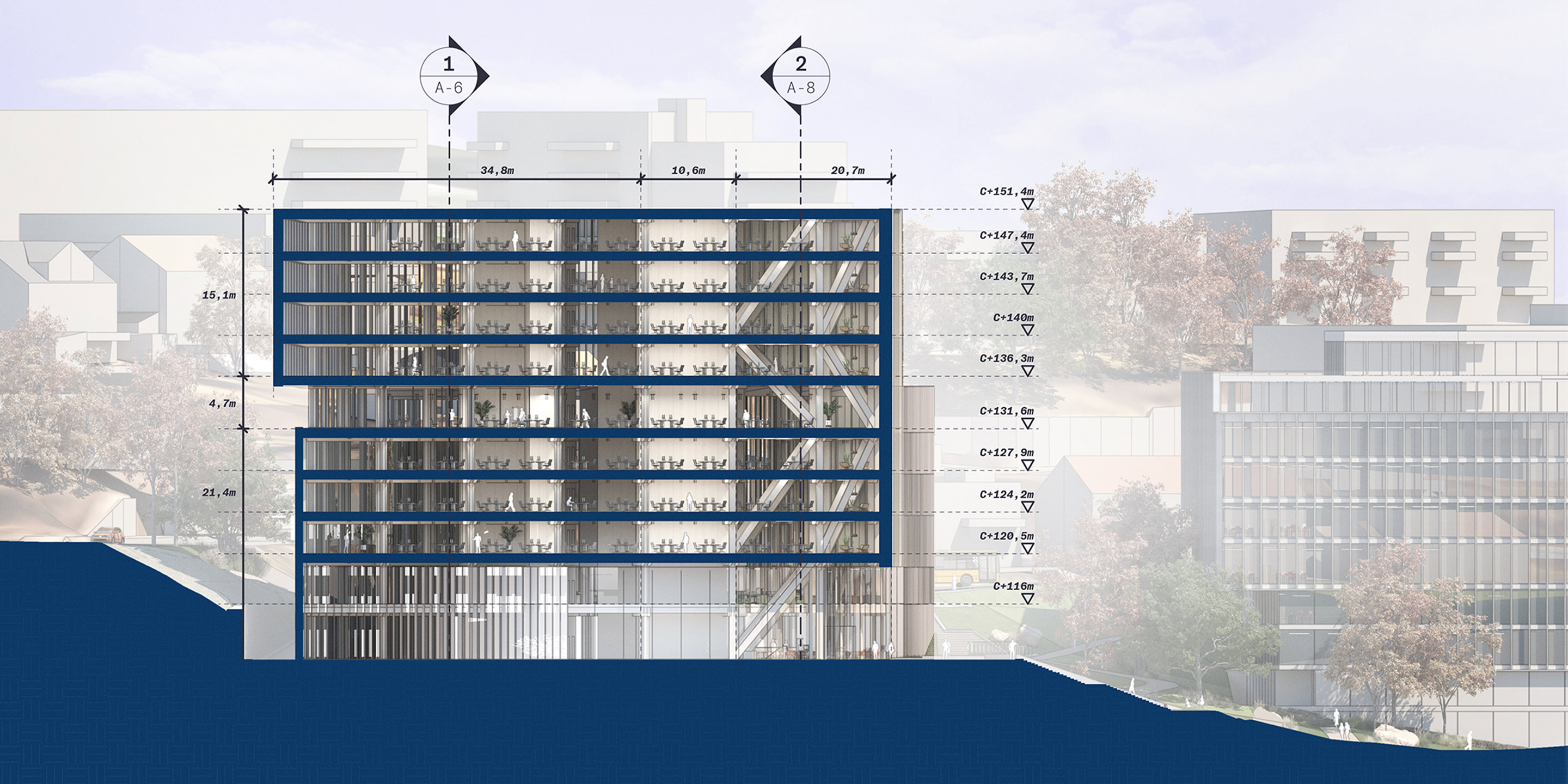 Section cut view of a multistory building in LayOut with construction drawing markups on it.
