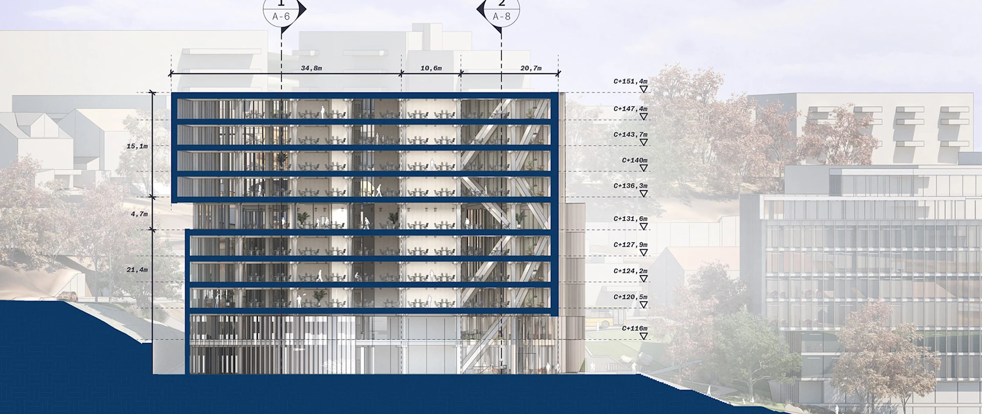 Section cut view of a multistory building in LayOut with construction drawing markups on it.