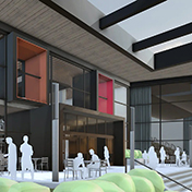 SketchUp model of a commercial building exterior with scale figures in front.