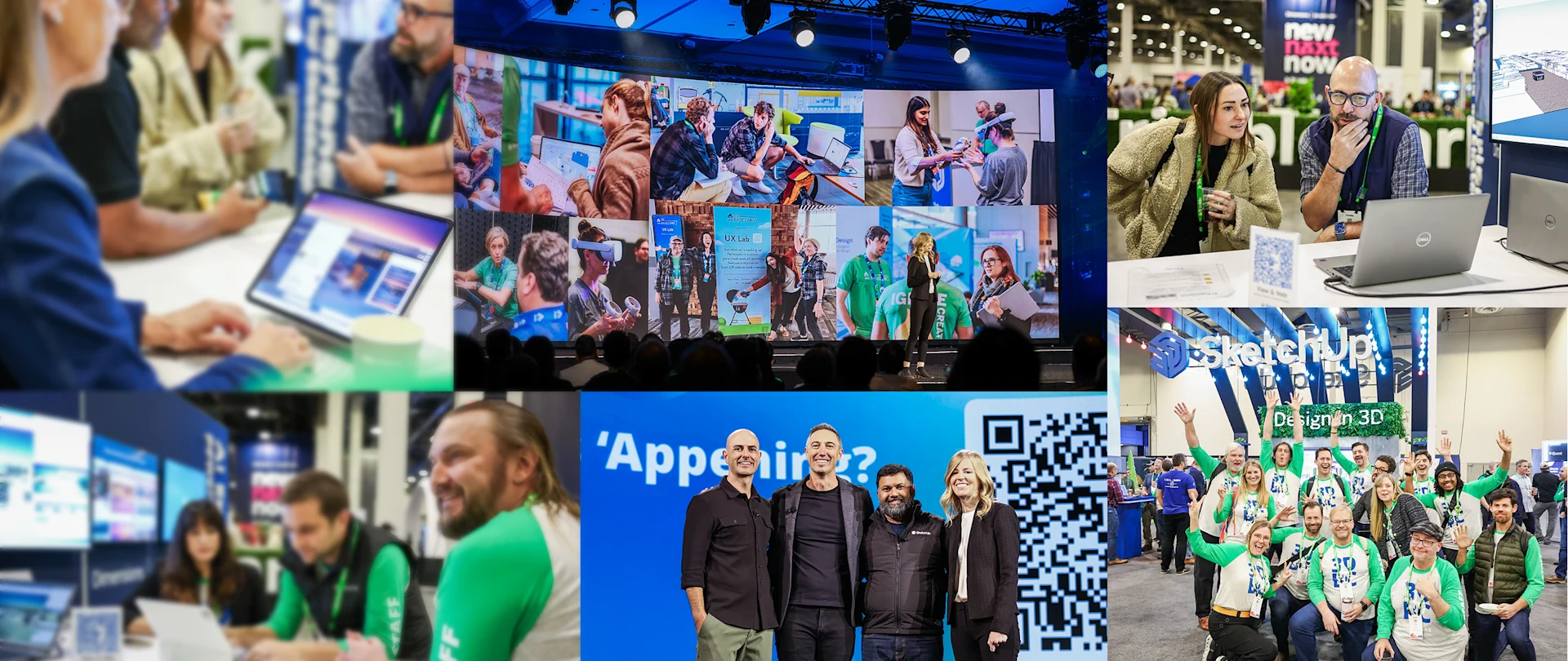 Un collage de fotos que muestra a personas en un evento tecnológico, incluyendo una gran pantalla con imágenes, asistentes trabajando en computadoras portátiles y un grupo posando.