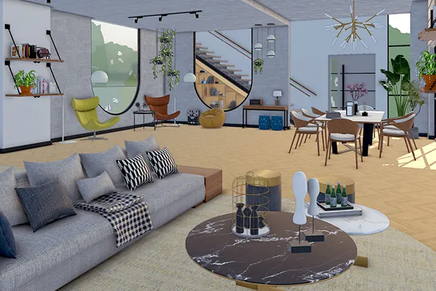 A SketchUp rendering showing a photoreal residential interior living/dining room space with large U-shaped windows, a couch, coffee table, dining table, and accessories.
