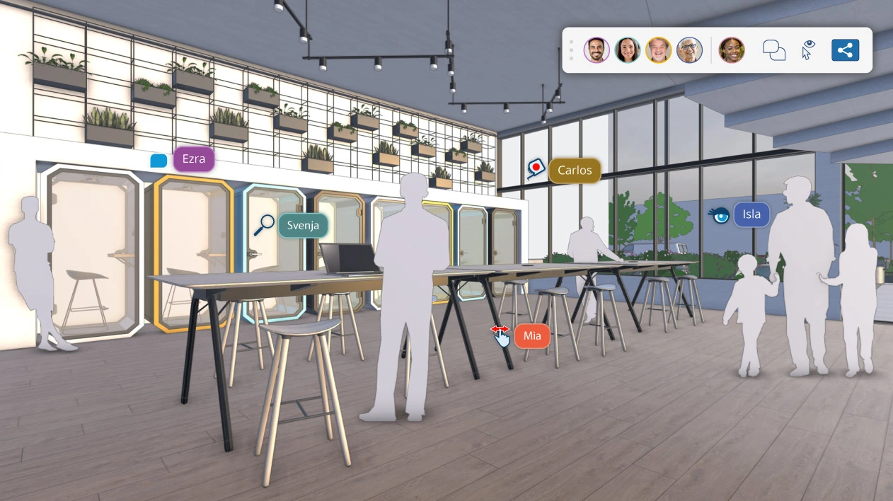 Room with personal workspaces and group workspaces overlayed with SketchUp collaboration features.