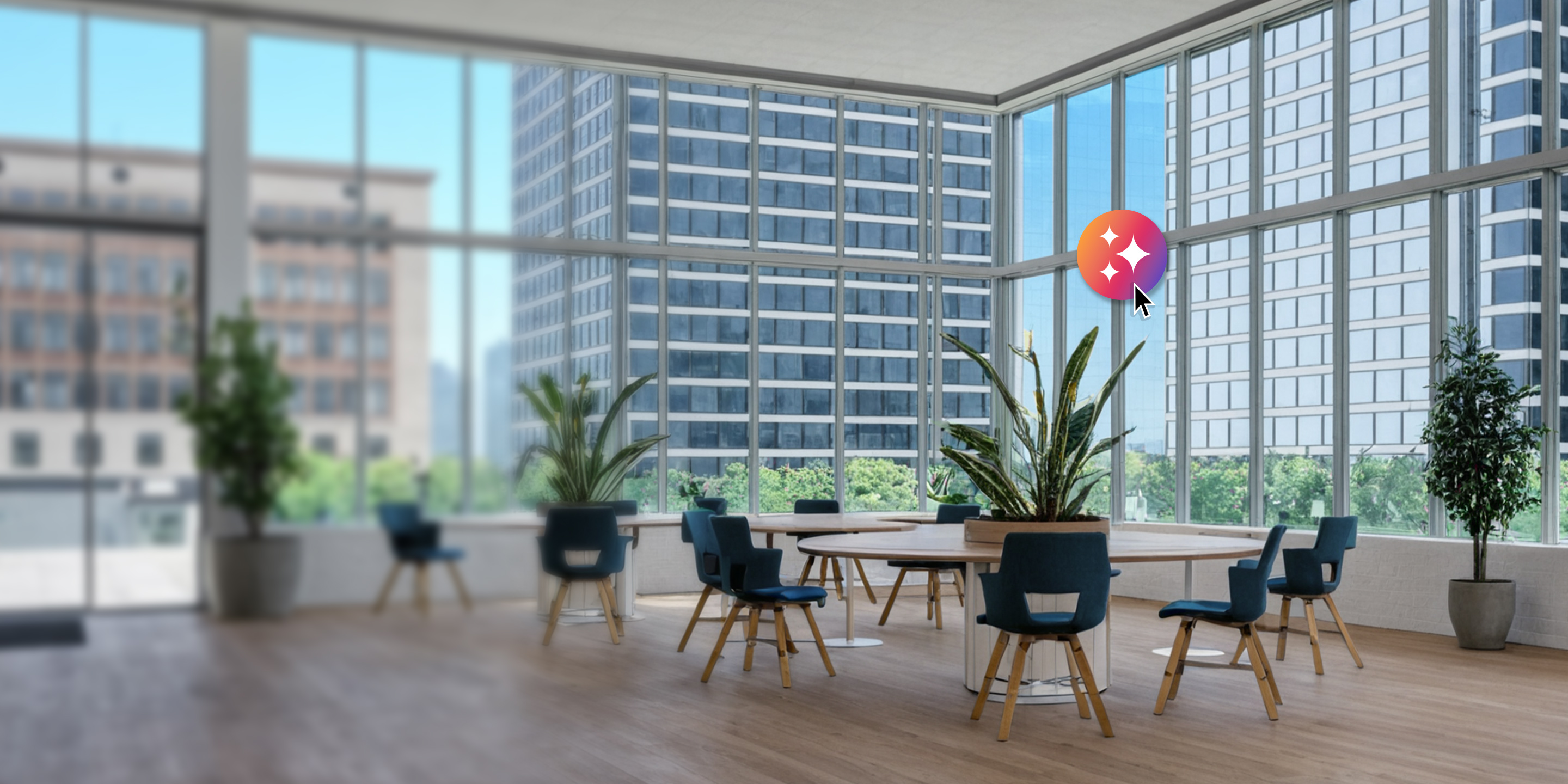 AI Rendering of an office space with tables and chairs surrounded by plants.