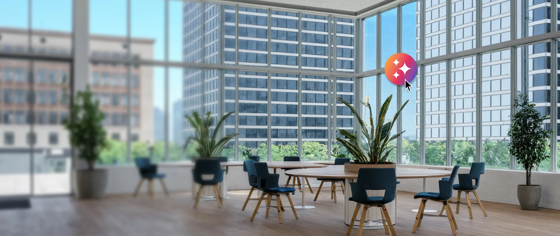 AI Rendering of an office space with tables and chairs surrounded by plants.