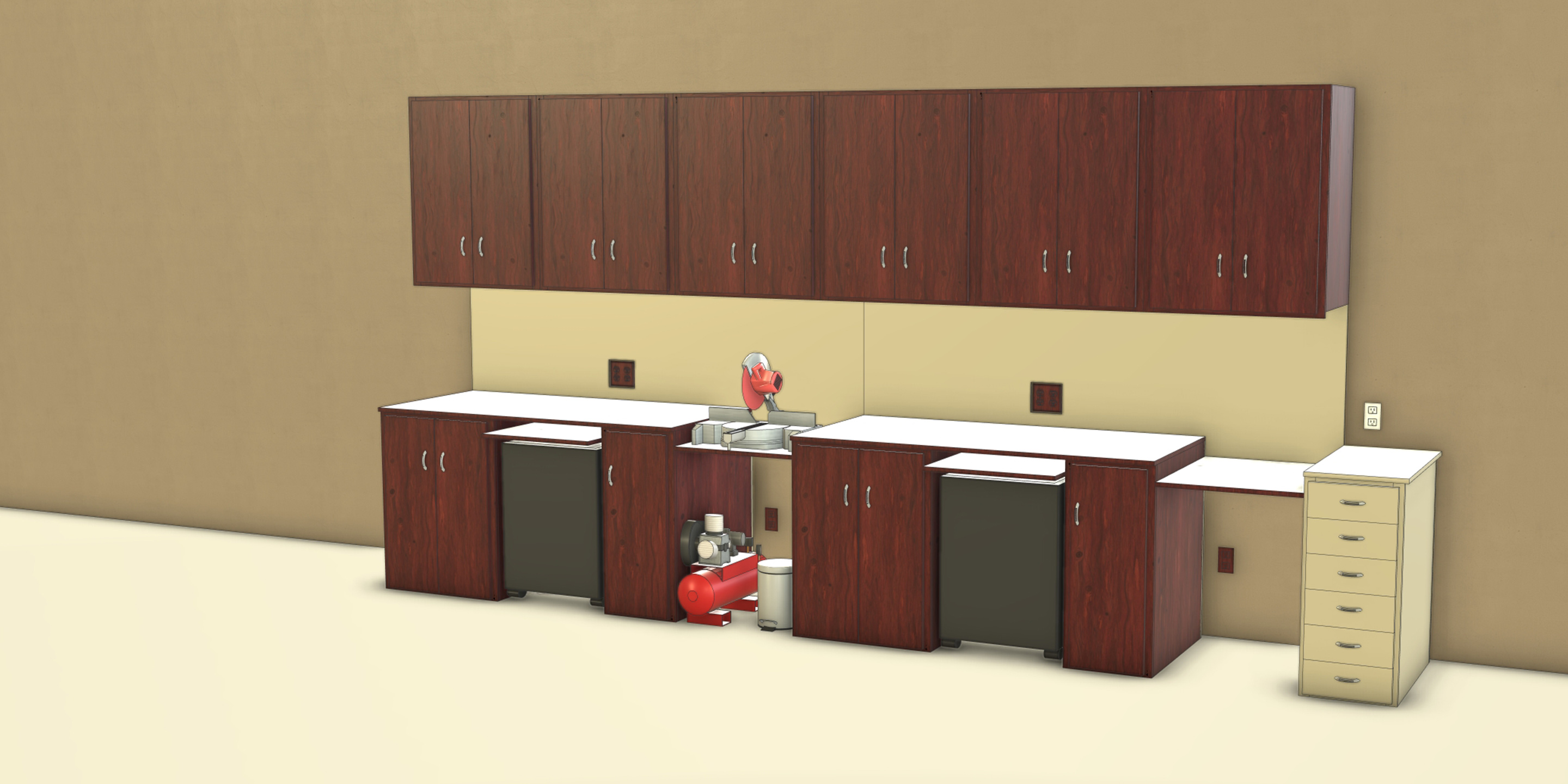SketchUp-Modell einer gewerblichen Holzwerkstatt mit Ober- und Unterschränken, Sägetisch und Wandsteckdosen.