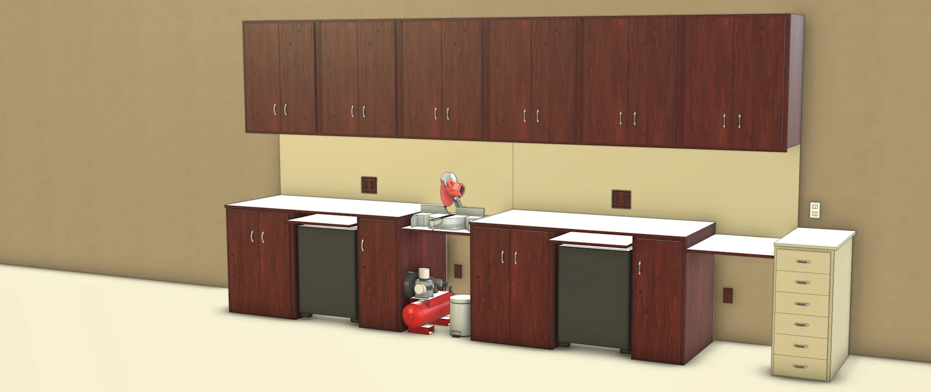 SketchUp model of a commercial woodworking space completed with upper and lower cabinets, a saw table, and wall outlets.